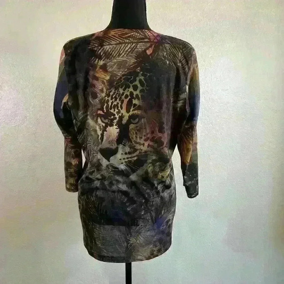 Chico’s leopard pullover jeweled tunic 3/4 sleeve brown multi colored women sz 2 - Picture 2 of 8